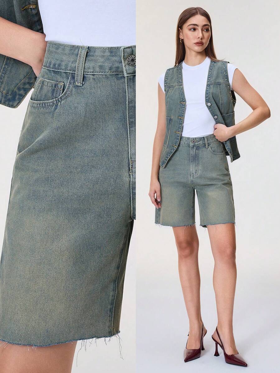 SHEIN Essnce 女式休闲磨边直筒牛仔短裤