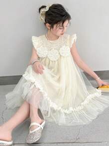 青少年女孩夏季透明花卉金箔连衣裙 - 杏色 - 查看 2