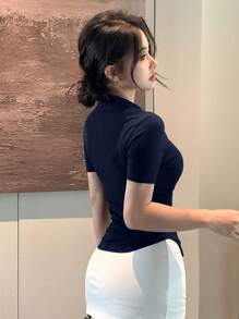 DAZY Women's Sexy Slim Fit Casual Polo Collar Short Sleeve T-Shirt, Summer,Back To School Clothes - Navy Blue - View 4