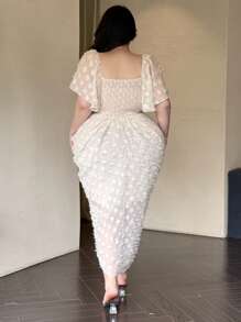 Vibekara 法式复古泡泡袖波点纹理女士礼服，适合派对和活动 - 杏色 - 查看 6