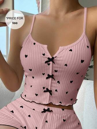 ZzzCrew Women Heart Print Bow Decor Pajama Top