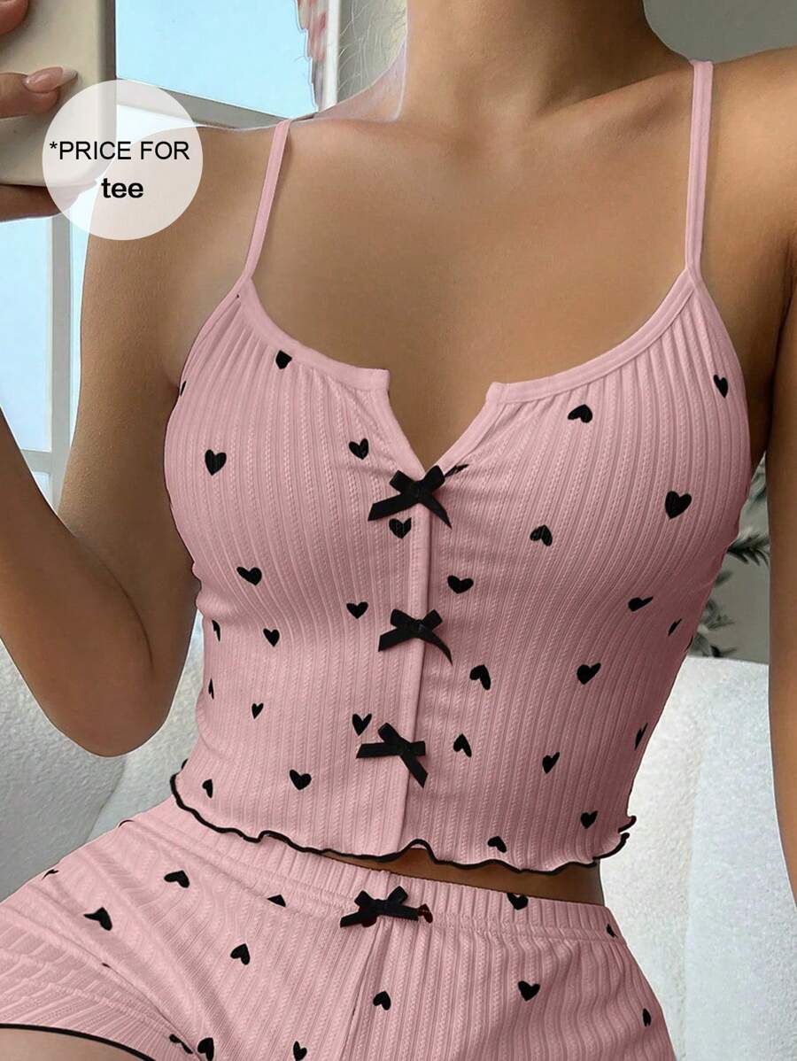 Women Heart Print Bow Decor Pajama Top