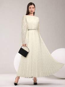 Modelyn 女士纯色褶皱圆领喇叭袖宽松优雅连衣裙 - 杏色 - 查看 6