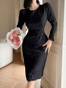 DAZY 优雅女士高端蕾丝镶嵌黑色连衣裙，返校服，秋季连衣裙长袖连衣裙 - 黑色 - 查看 6