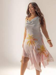 Aralina Curve Printed Cowl Neck Asymmetrical Hem Beach Vacation Outfits Women Maxi Dress - Multicolor - View 6