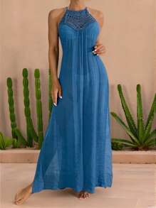 Swim Vcay 女式纯色无袖休闲度假罩衫 夏季 - 藍色 - 查看 5