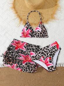 青少年女孩 3 件比基尼套装，时尚针织豹纹泳衣带罩衫，时尚优雅，适合游泳、度假、夏季年轻女孩夏季服装年轻女孩套装青少年泳衣 2 件套 - 彩色 - 查看 5