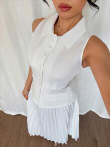 Chiquease 2pcs/Set Women's Spring Elegant Sleeveless Pleated Dress - White - View 7