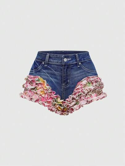 ROMWE Avant Women's Vacation Style "Coconut Girl" Ultra Low Waist Ruffled Hem Denim Shorts