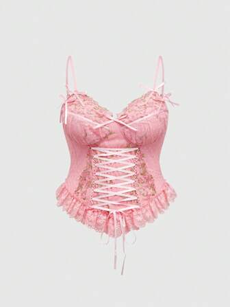 Kawaii Plus Size Women Retro Romantic Palace Style Lace Embroidery Floral Edge Criss-Cross Cami And Tank Top