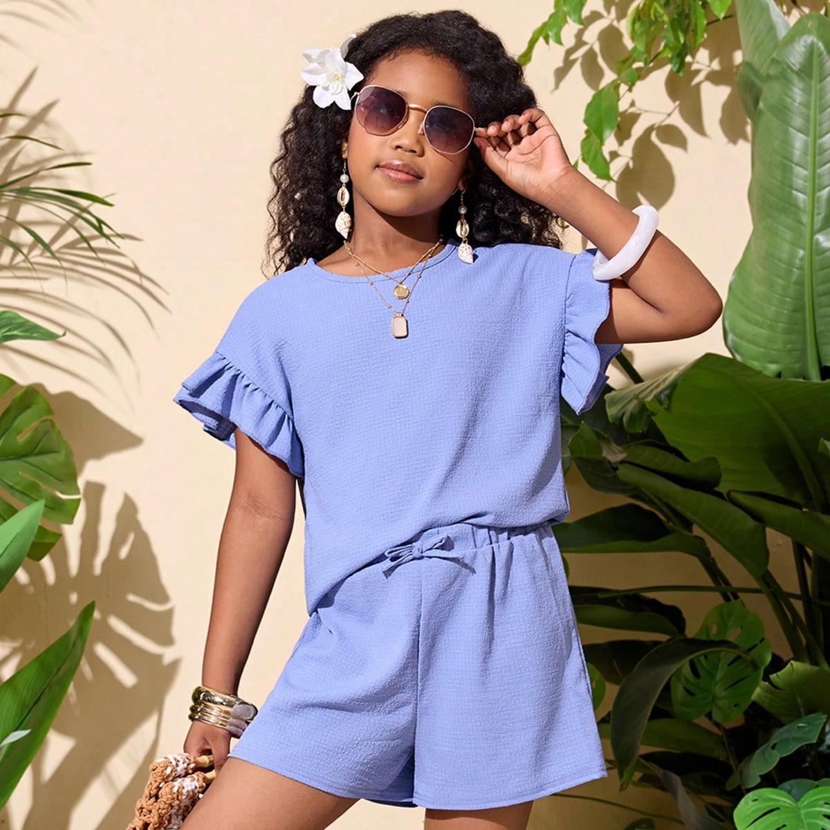 Set de 2 piezas con blusa de manga corta y pantalones cortos de cintura elástica, conjunto informal para vacaciones para niña preadolescente