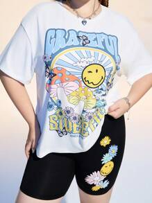 SmileyWorld® | SHEIN 加大码蘑菇字母图案短袖T恤和短裤两件套，夏季休闲 - 黑與白 - 查看 5