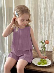 SHEIN LMoss Kids 2pcs Young Girl Woven Solid Color Round Neck Sleeveless Top And Shorts Set