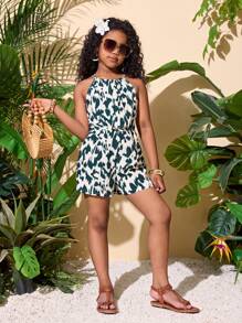 SHEIN SLAYR Tween Girl 女童雪纺碎花无袖连体裤，度假风格，时尚法式优雅 - 綠色 - 查看 4