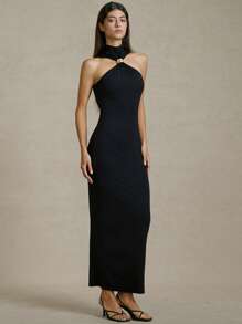 Briarwyn Váy bó dài màu đen dệt kim dành cho nữ, trang phục mùa hè thanh lịch, giản dị, màu trơn, váy dự tiệc cưới, kỳ nghỉ ở bãi biển - màu đen - Xem 3