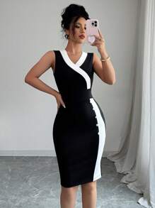 Elenzga Đầm bodycon không tay cài nút bên hông màu tương phản thanh lịch dành cho nữ, mùa hè - màu đen - Xem 6