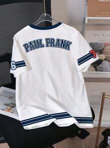 Paul Frank X SHEIN Men's Striped And Cartoon Graphic Short Sleeve Round Neck T-Shirt - White - View 2
