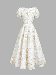 SHEIN MOD 宫廷风泡泡袖蝴蝶结花朵印花中长连衣裙 - 彩色 - 查看 2