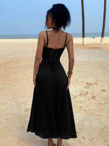 DAZY Women's Satin Slim Fit Waist Maxi Cami Dress,Casual Women Dresses Vacation - Black - View 3