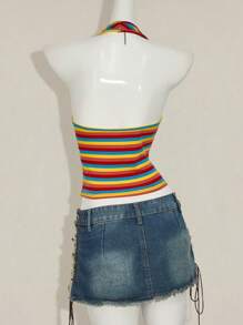 SHEIN ICON 性感深 V 领带挂脖彩虹条纹上衣