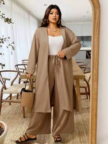 Sunserae 大码女式两件套休闲长袖宽松开衫和阔腿裤，适合所有季节 - 卡其色 - 查看 6