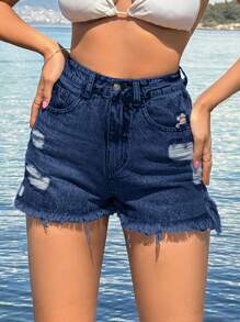 SHEIN Cottnline 100%Cotton Back Label Detailed Short With Destroy - Dark Wash - View 3