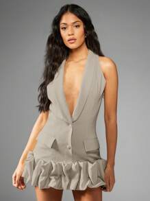 MISSGUIDED Vestido blazer sin mangas con cuello en pico, dobladillo con volantes, diseño ajustado, con dos botones, para uso formal en oficina, primavera-verano