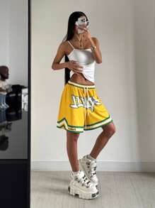 Coolane Women's Summer Streetwear Basic Athleisure Beach Graphics Soccer Short Crotch Flowy Shorts - Yellow - View 8