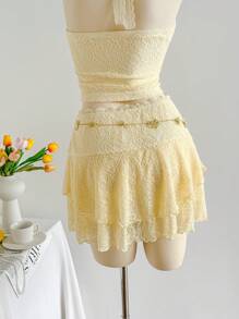 Soleia Women Holiday Summer Yellow Lace Splice Ruched Halter Top + Double Layer Lace Ruffle Mini Skirt Set, Suitable For Holiday Dates, Afternoon Tea, Beach, Cruise, City, Music Festival, All Seasons - Yellow - View 7