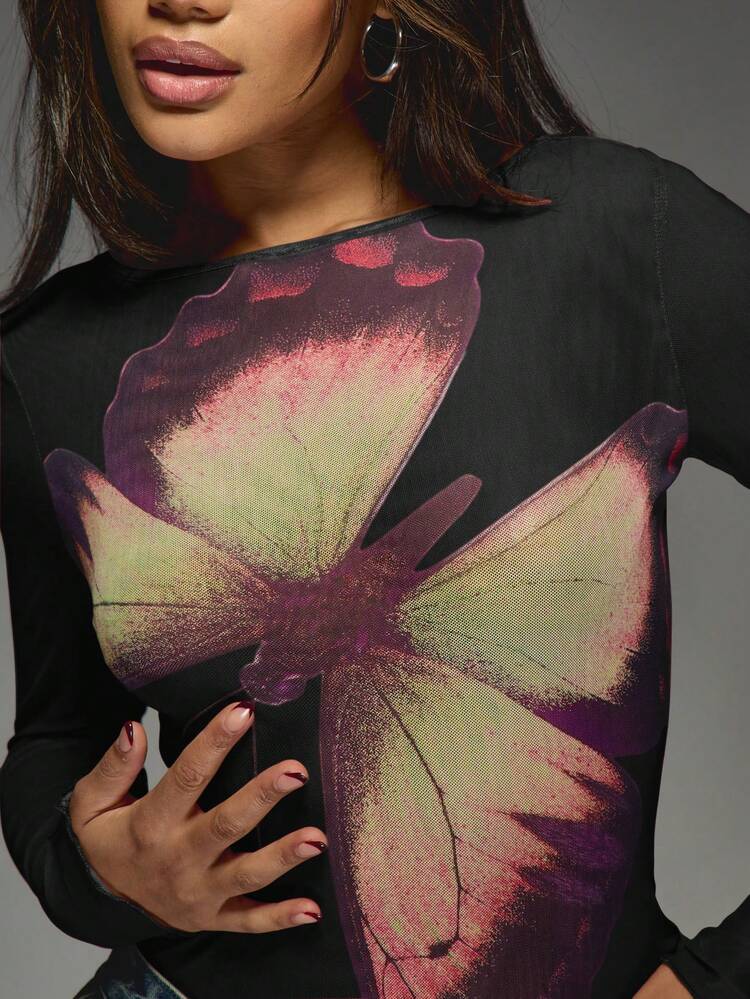 MISSGUIDED Top a maniche lunghe in rete con stampa a farfalla, pezzo di moda autunnale e invernale, essenziale per feste, club, performance di danza e strati