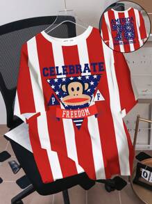 Paul Frank X SHEIN Men's Striped & Cartoon Pattern Casual Short Sleeve T-Shirt - White - View 1