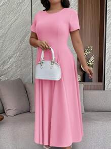 EMERY ROSE Vestido largo con mangas cortas, cuello redondo, cintura ceñida y falda en línea A con inserciones contrastantes, hecho de tela de punto rosa, para vacaciones y uso informal, tallas grandes, para primavera/verano - Rosa - Ver 4