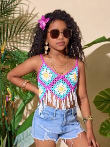 SHEIN 青少年女孩手工钩针花卉方形流苏背心 - 彩色 - 查看 3