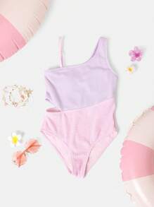 SUMWON Two Tone Asymmetrical One Piece Swimsuit Seersucker Textured Beach Pool Summer Swimming Training Athletic Youth - Multicolor - View 1