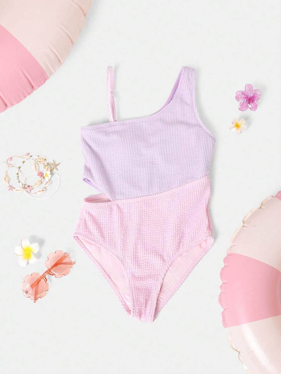 SUMWON Two Tone Asymmetrical One Piece Swimsuit Seersucker Textured Beach Pool Summer Swimming Training Athletic Youth - Multicolor - View 1