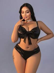 SpicyHot 2 piezas Conjunto de ropa interior con encaje, moño y tirantes en la espalda con aros, lencería sexy de talla grande