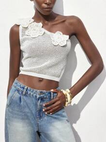 Maija Summer Off-White Elegant Women Handmade Crochet Knitted Tank Top,Handmade Hollow Out Asymmetrical Shoulder Floral Decor Vacation Beach Party Cute Top - White - View 7