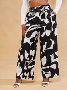 SHEIN SXY Plus Size Women Geometric Print Knotted Waist Pockets Wide Leg Pants,Suitable For Early Spring, Spring And Summer, Rainforest, Beach Party, Seaside Vacation, Bonfire Party, Cool And Light, Slim Fit, Comfortable To Wear,Easy To Match&Looks Slim,Accent Your Body,Flatter The Figure