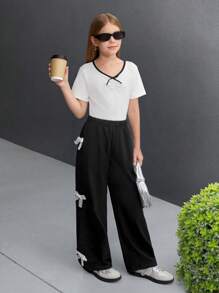 Conjunto de 2 piezas de pantalones rectos con lazo en el cuello y adorno de encaje para niña, look casual elegante