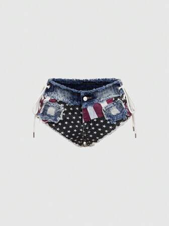 Grunge Punk 4. Juli Vintage Stil USA Flagge Grafik Seitenbinder Denim Mini Shorts für Frauen, Lässig Alltags- und Party-Tragen
