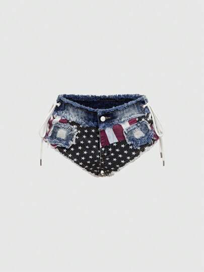 Grunge Punk Shorts di jeans mini con laccetti laterali e grafica dello stile vintage della bandiera USA, per il 4 luglio, adatti per uso casual quotidiano e da festa