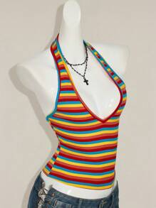 SHEIN ICON 性感深 V 领带挂脖彩虹条纹上衣