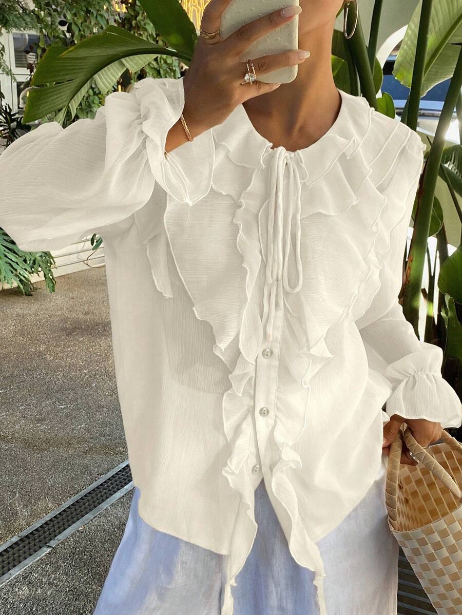 DAZY Vacation Chiffon Peplum Tie Neck Drawstring Long Sleeve Blouse For Women - White - View 1