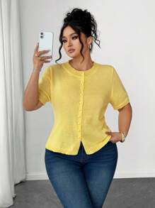 Elenzga Lightweight Crew Neck Plus Size Women Knitted Cardigan, Casual Slim, Sun Protection Suitable For Daily Commute And Outings, Summer & Autumn