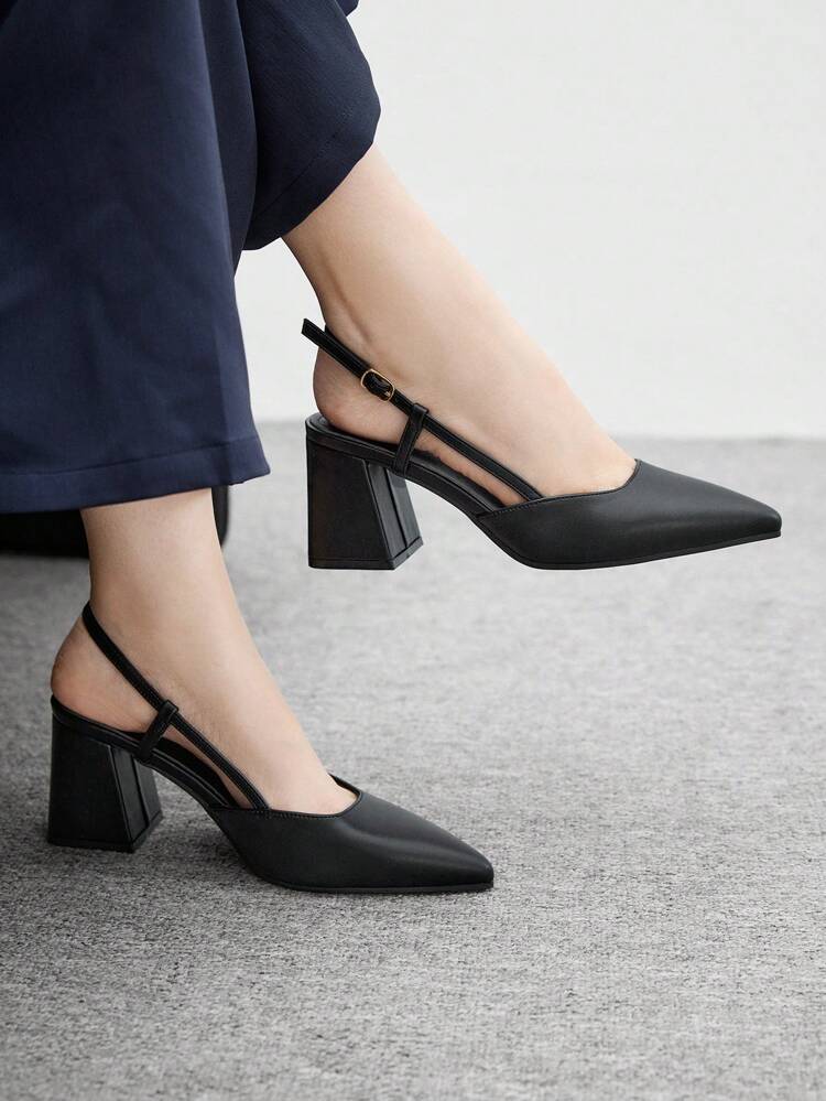 CUCCOO BIZCHIC Women's Classic Simple Pointed Toe Chunky Mid-Heel Mule Shoes, Black, Suitable For Commute, Date, Party, Holiday, Wedding For Christmas Spring Shoes