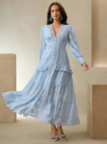 Anewsta Đầm Maxi Thanh Lịch Cổ Chữ V Tay Phồng Thắt Eo Trang Phục Nữ - Màu xanh lam - Xem 6