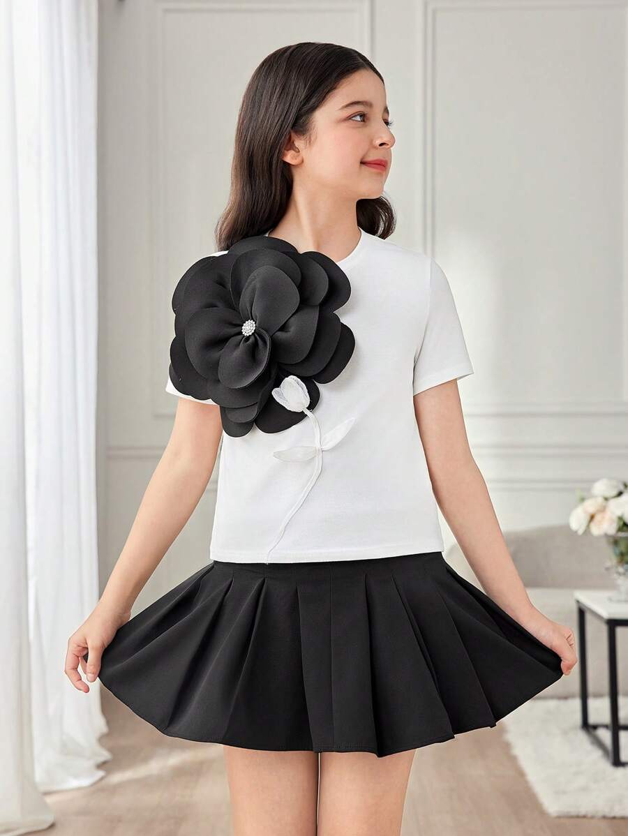 Tween Girls Tricou cu mânecă scurtă, cu mânecă scurtă, cu decor floral 3D, de culoare uni, din tricot, alb