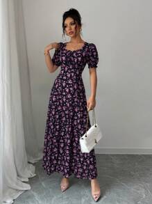 Rafferiza Women's Elegant Floral Print Square Neck Mini Dress, With Ruffle Trim And Ruffle Sleeves, Suitable For Spring, Summer And Autumn - Pink - View 3