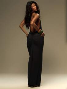 MUSERA Plunging Neck Split Thigh Maxi Dress Spring Summer Cute Vacation 90s Elegant Y2K Beach Night Out Date Halloween Winter Party Chic - Black - View 3