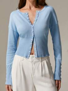 INAWLY Fashion Light Blue Bell Sleeve Cropped Button-Up Cardigan Fall Cloth For Women